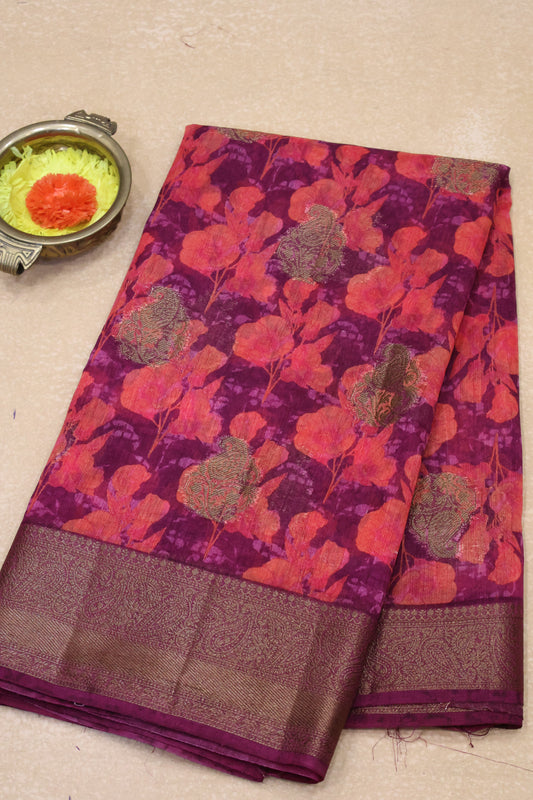 Printed Bamboo Silk Saree-Wine Floral Print