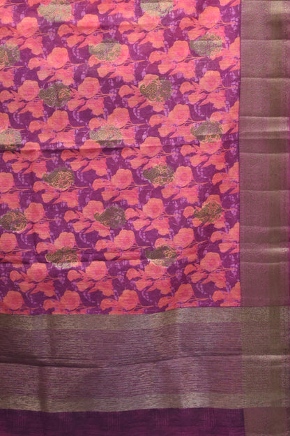 Printed Bamboo Silk Saree-Wine Floral Print
