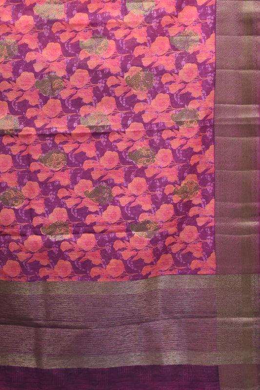 Printed Bamboo Silk Saree-Wine Floral Print