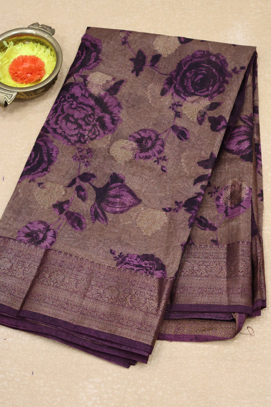 Printed Bamboo Silk Saree-Brown Purple