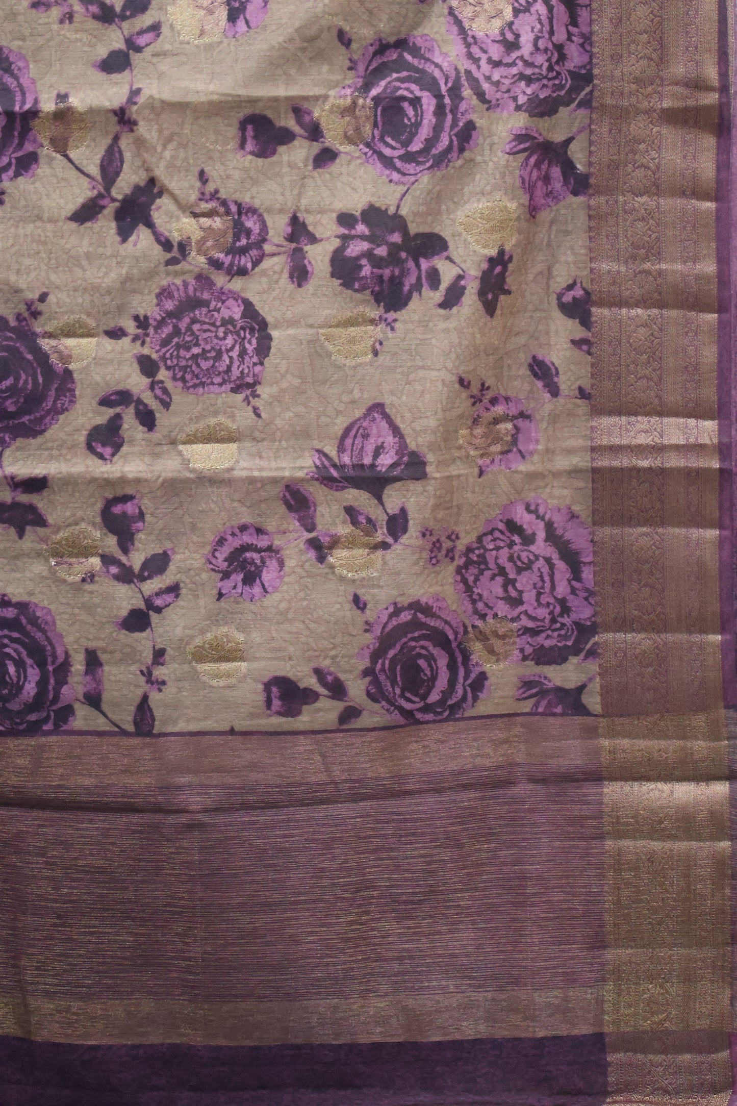 Printed Bamboo Silk Saree-Brown Purple