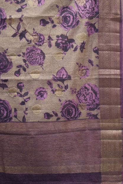 Printed Bamboo Silk Saree-Brown Purple