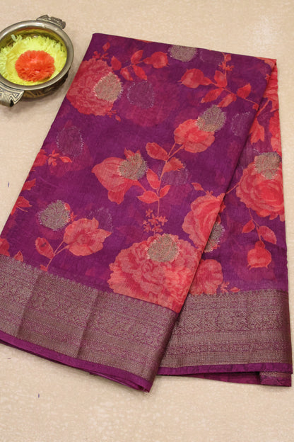 Printed Bamboo Silk Saree-Purple Floral Print