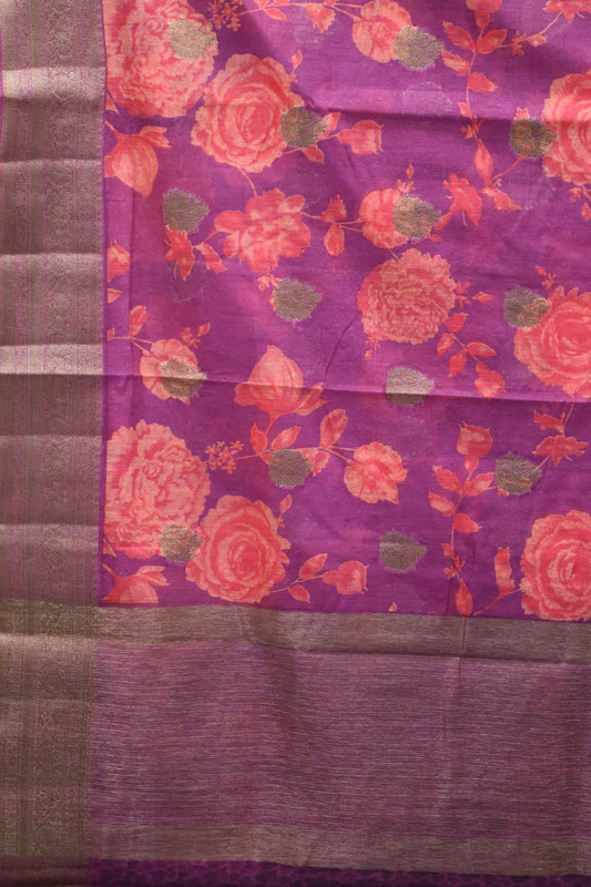 Printed Bamboo Silk Saree-Purple Floral Print