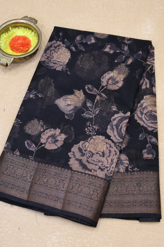 Printed Bamboo Silk Saree-Black Floral Print