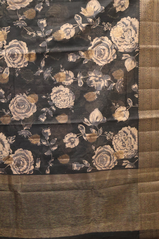 Printed Bamboo Silk Saree-Black Floral Print