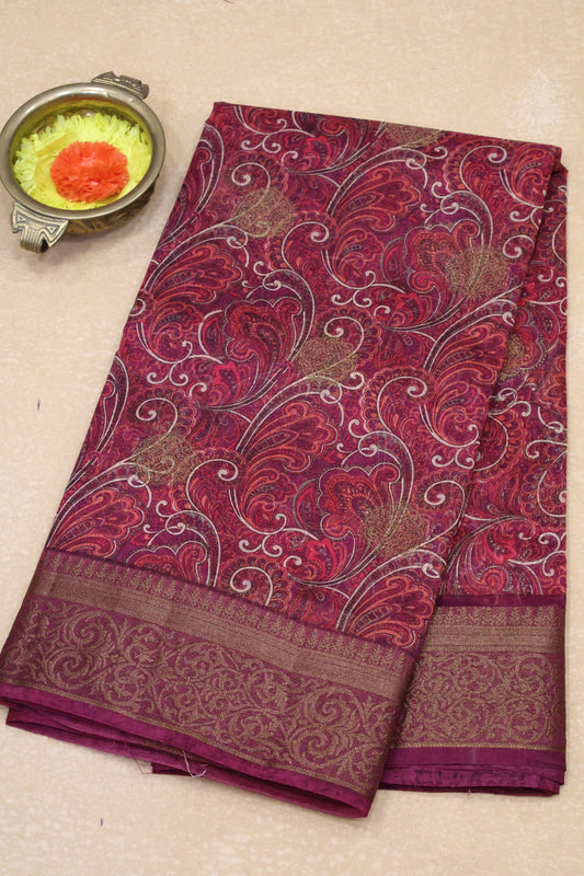 Printed Bamboo Silk Saree-Wine Paisle