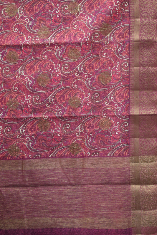 Printed Bamboo Silk Saree-Wine Paisle
