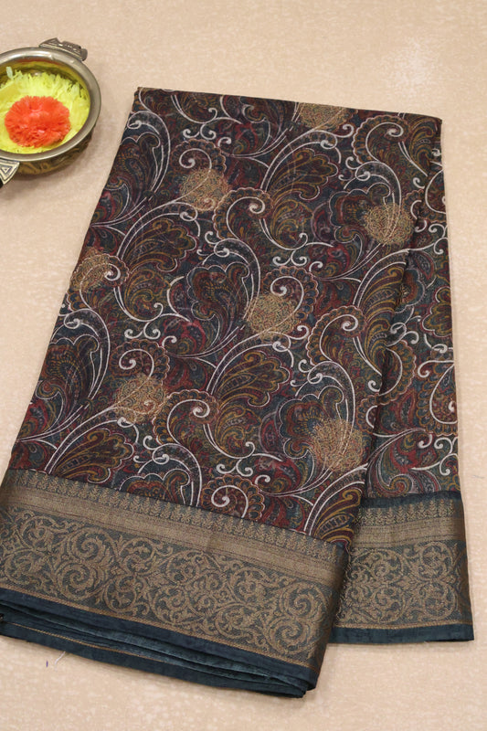 Printed Bamboo Silk Saree-Green Paisle