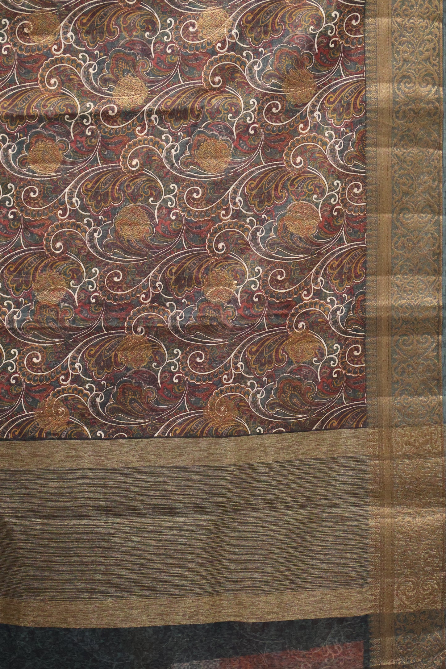 Printed Bamboo Silk Saree-Green Paisle