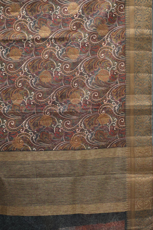 Printed Bamboo Silk Saree-Green Paisle