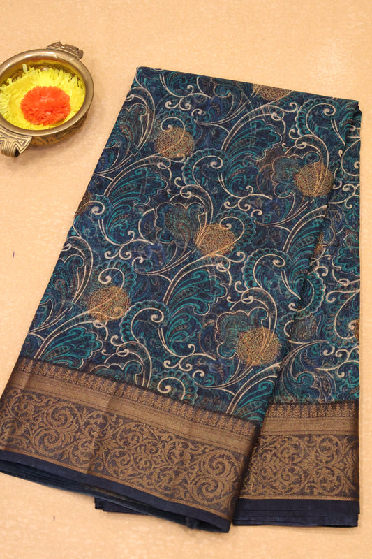 Printed Bamboo Silk Saree-Peacock Blue