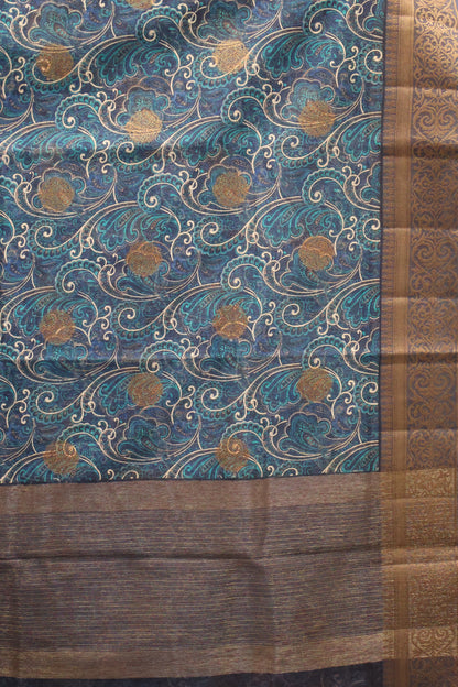 Printed Bamboo Silk Saree-Peacock Blue