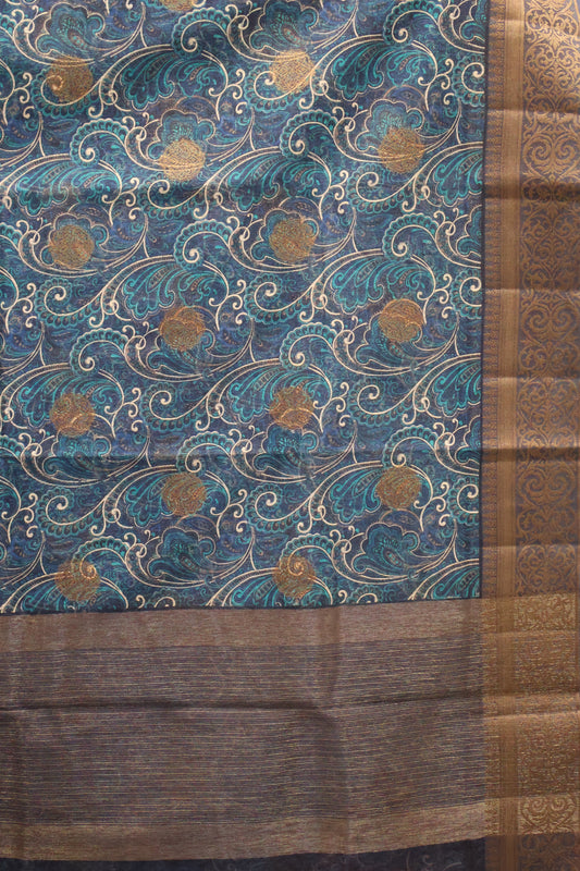 Printed Bamboo Silk Saree-Peacock Blue