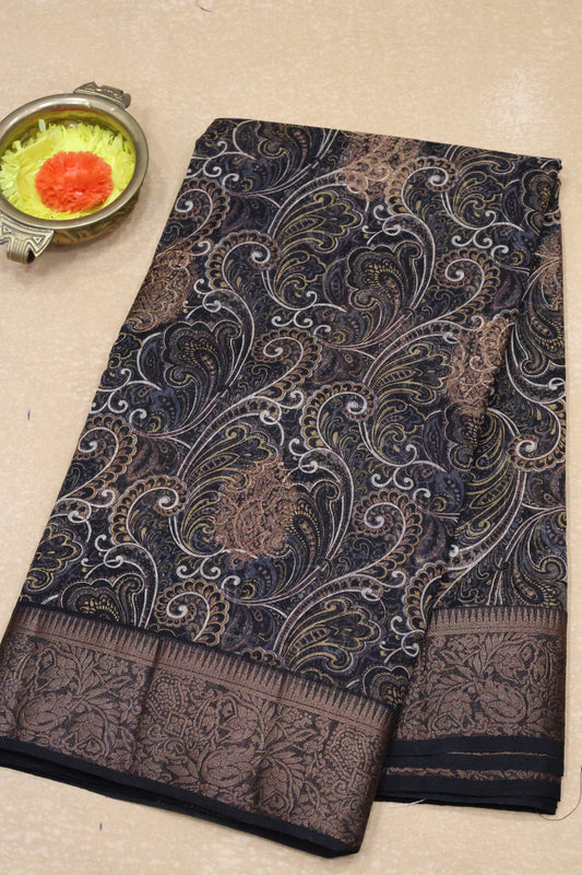 Printed Bamboo Silk Saree-Black Paisle