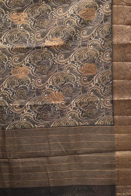 Printed Bamboo Silk Saree-Black Paisle