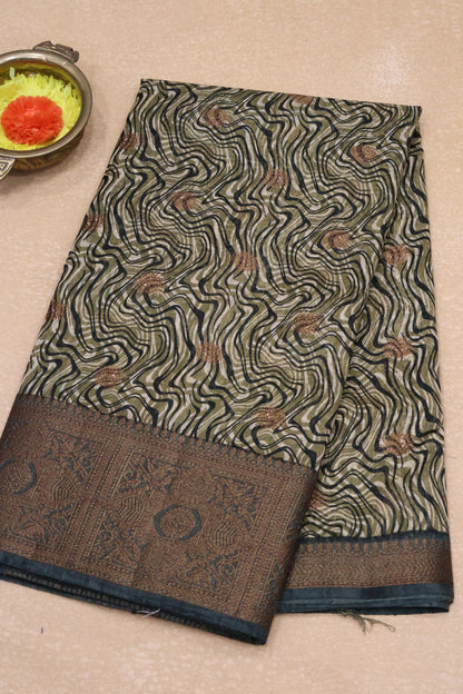 Printed Bamboo Silk Saree-Olive Green