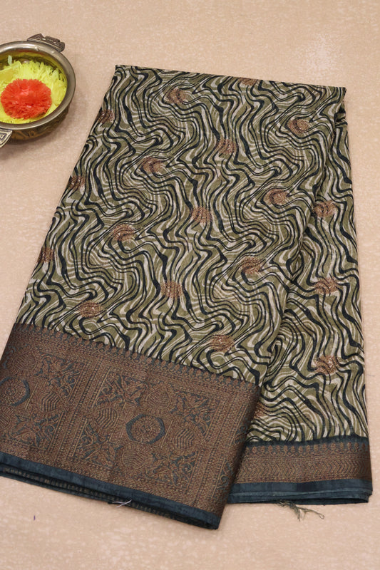 Printed Bamboo Silk Saree-Olive Green