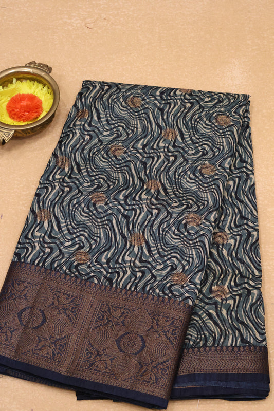 Printed Bamboo Silk Saree-Blue