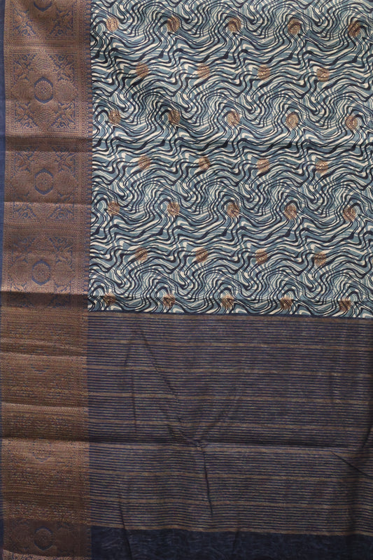 Printed Bamboo Silk Saree-Blue