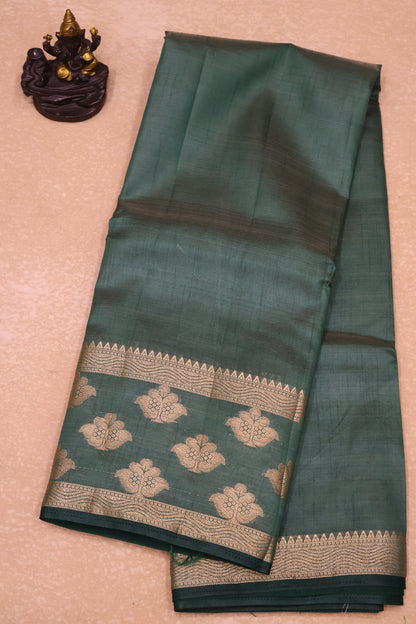 Semi Tussar Saree -Green Flower Double Border
