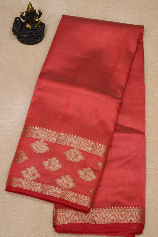 Semi Tussar Saree -Red Flower Double Border