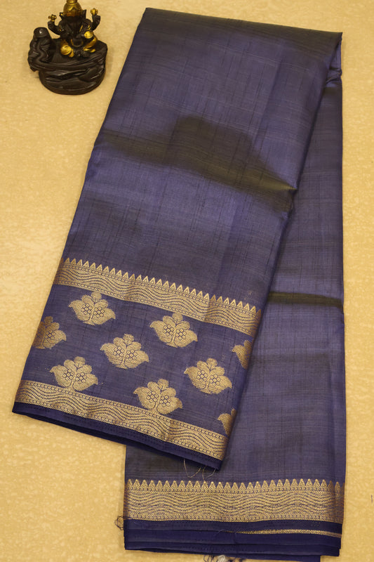 Semi Tussar Saree -Navy Blue Flower Double Border