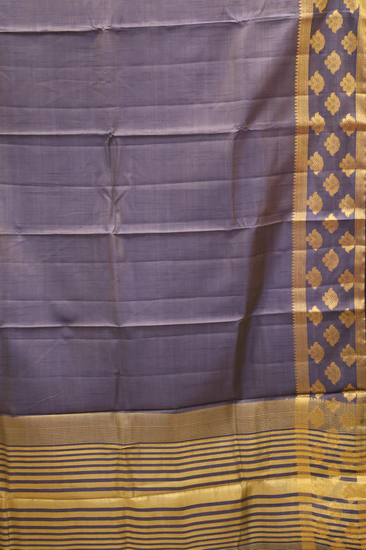Semi Tussar Saree -Navy Blue Flower Double Border
