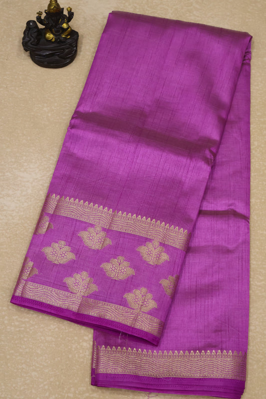 Semi Tussar Saree -Purple Flower Double Border