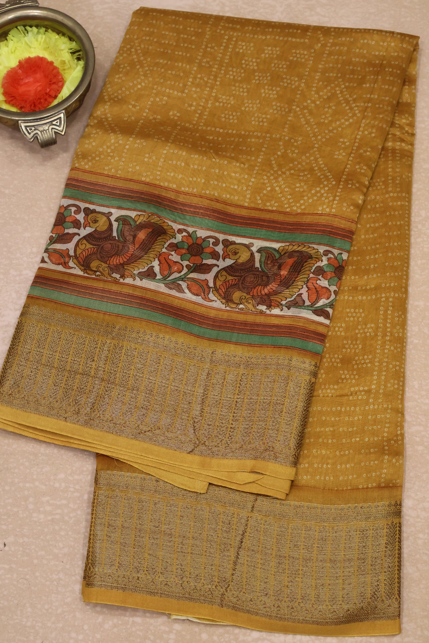 Pure Chanderi Saree-Mustard Peacock Border