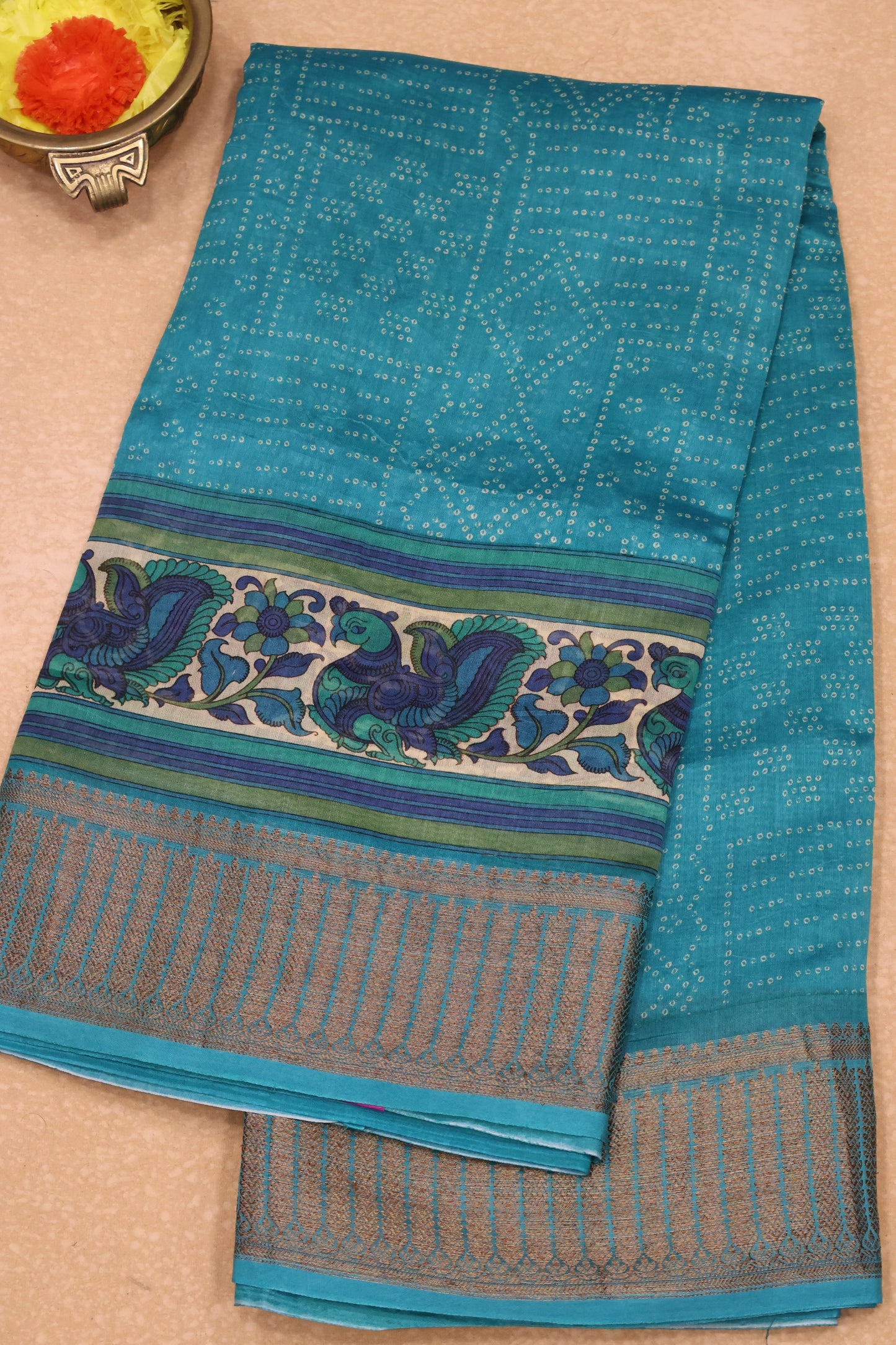 Pure Chanderi Saree-Teal Green Peacock Border
