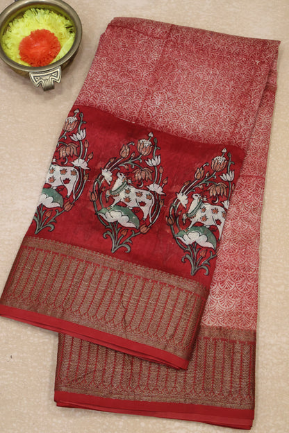 Pure Chanderi Saree-Brick Red Peacock Border