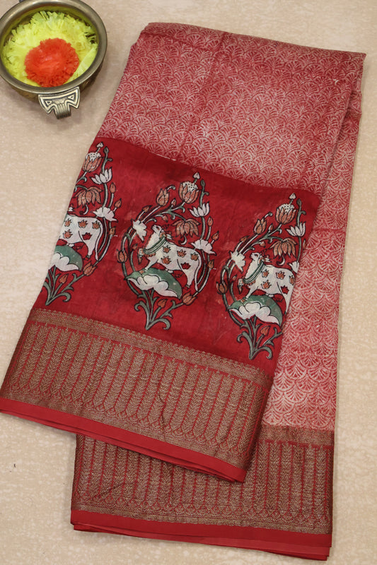 Pure Chanderi Saree-Brick Red Peacock Border
