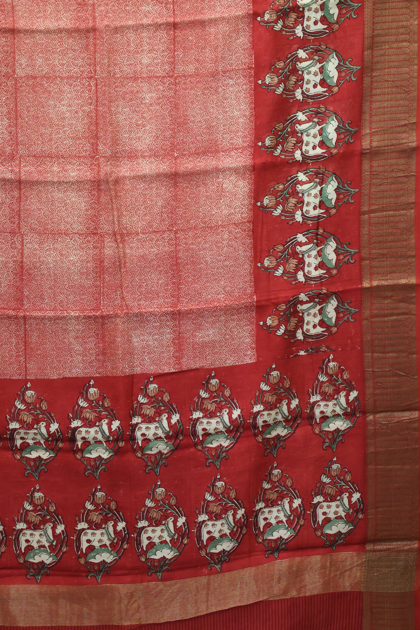 Pure Chanderi Saree-Brick Red Peacock Border