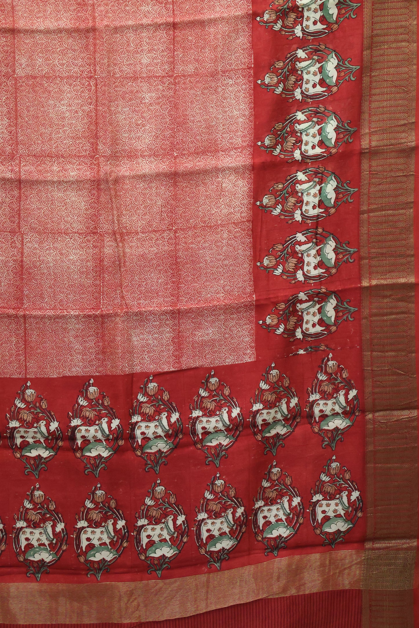 Pure Chanderi Saree-Brick Red Peacock Border