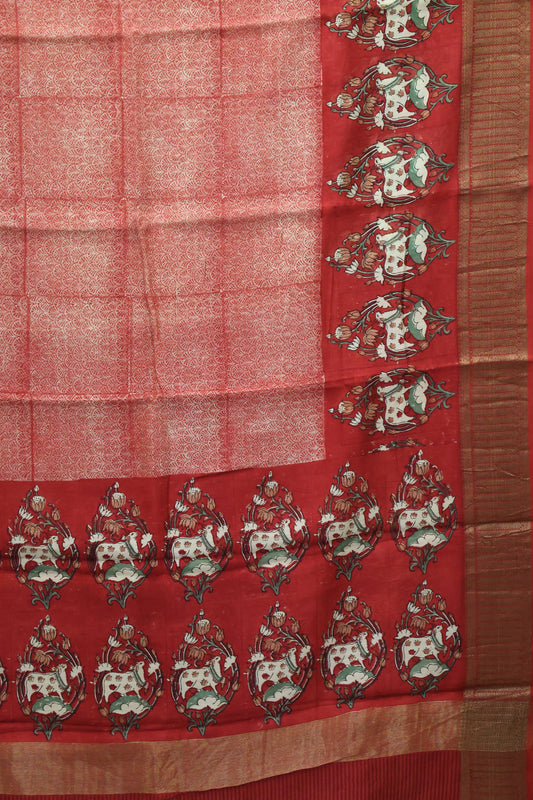 Pure Chanderi Saree-Brick Red Peacock Border