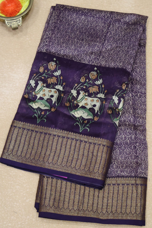 Pure Chanderi Saree-Voilet Pichwai Peacock Border