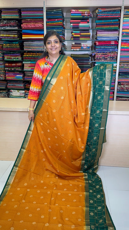 Art Mysore Silk Saree-Mustard in Checkered Pattern with Contrast Border