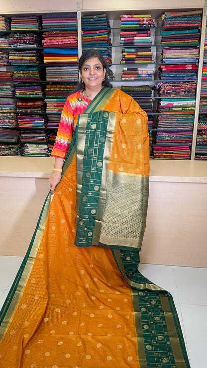 Art Mysore Silk Saree-Mustard in Checkered Pattern with Contrast Border