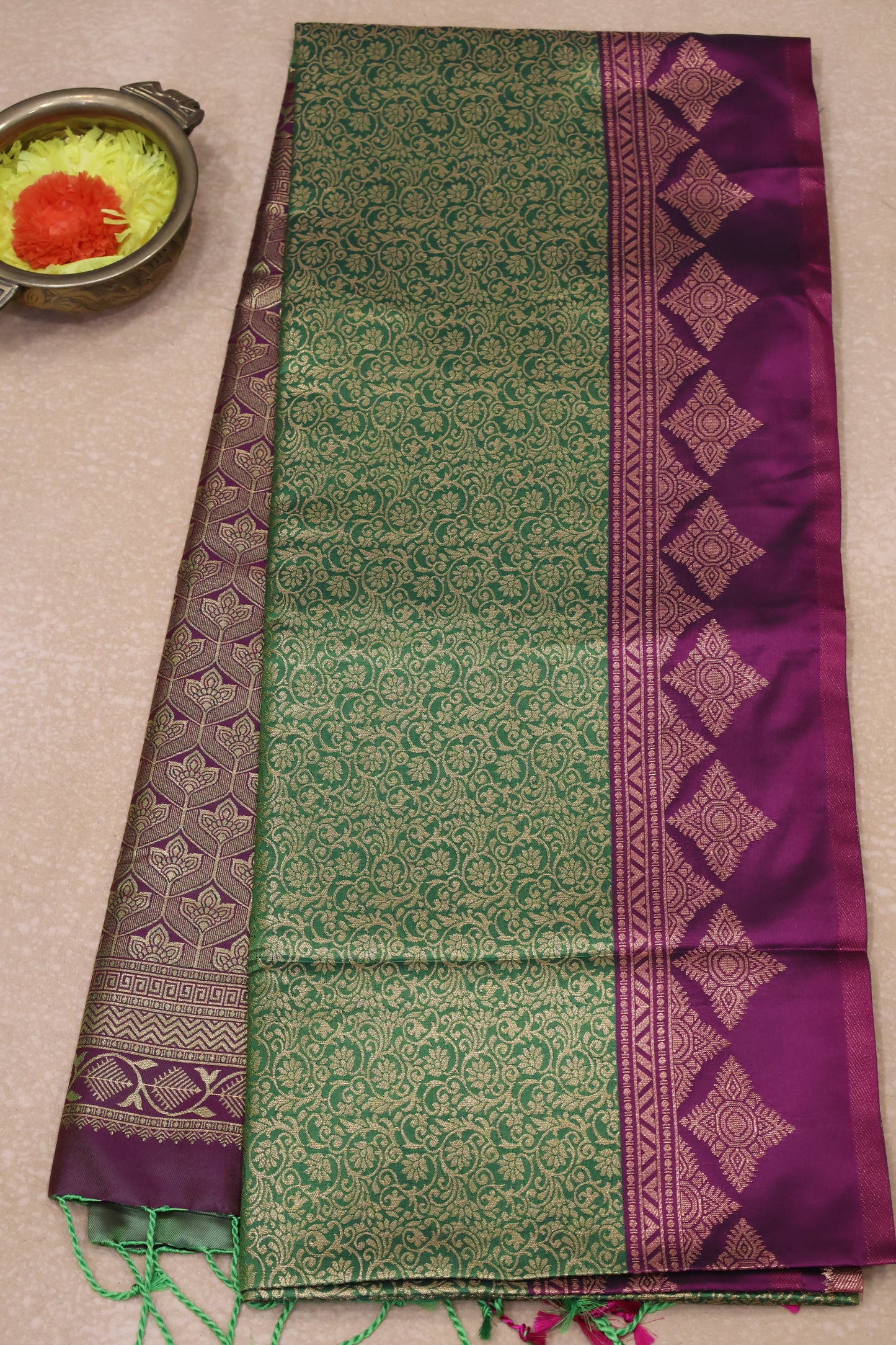 Semi Soft Silk Saree-Grass Green Kolam Border