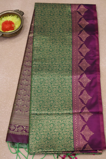 Semi Soft Silk Saree-Grass Green Kolam Border