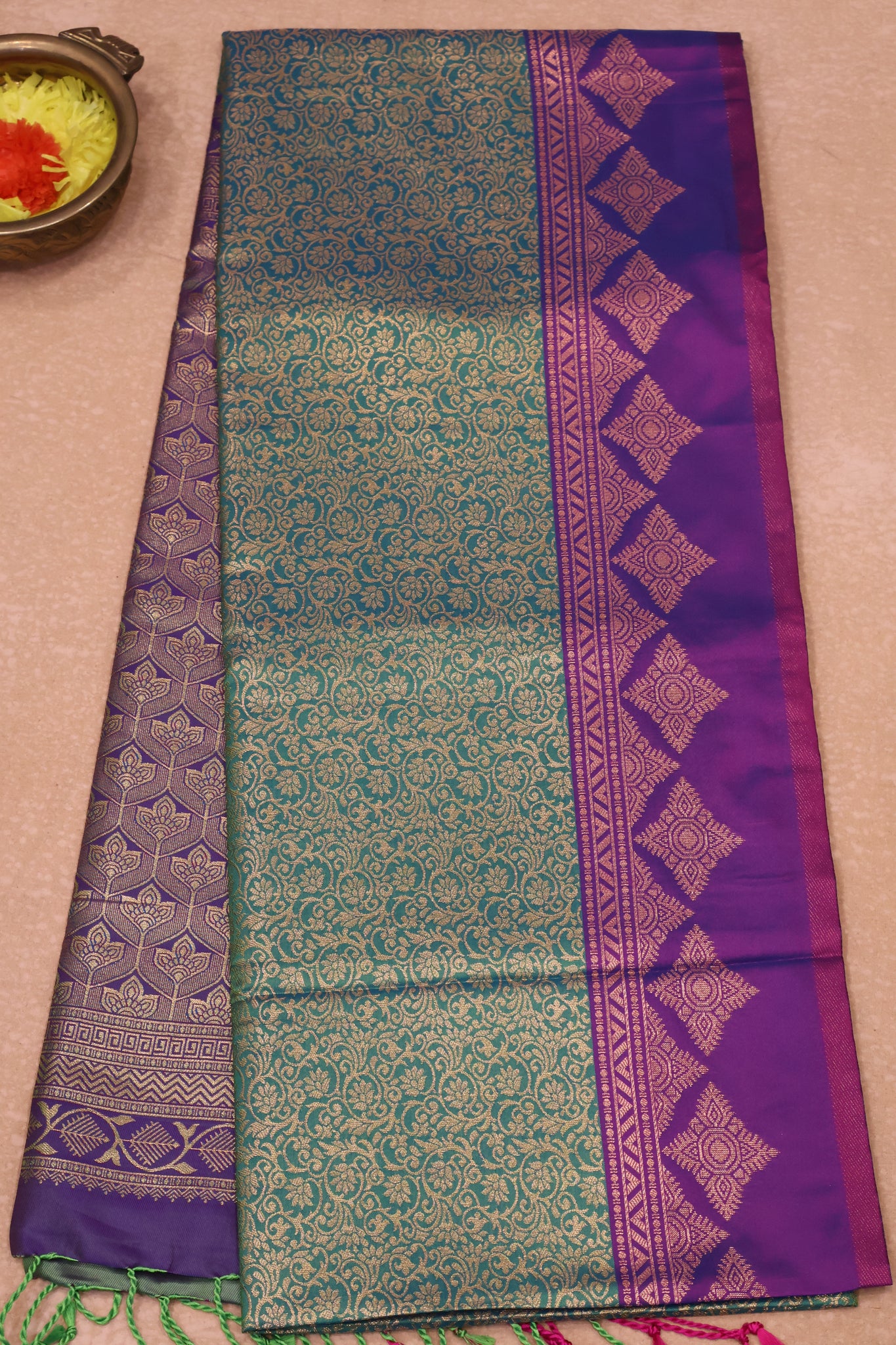 Semi Soft Silk Saree-Teal Green Kolam Border