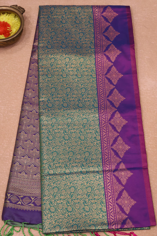 Semi Soft Silk Saree-Teal Green Kolam Border