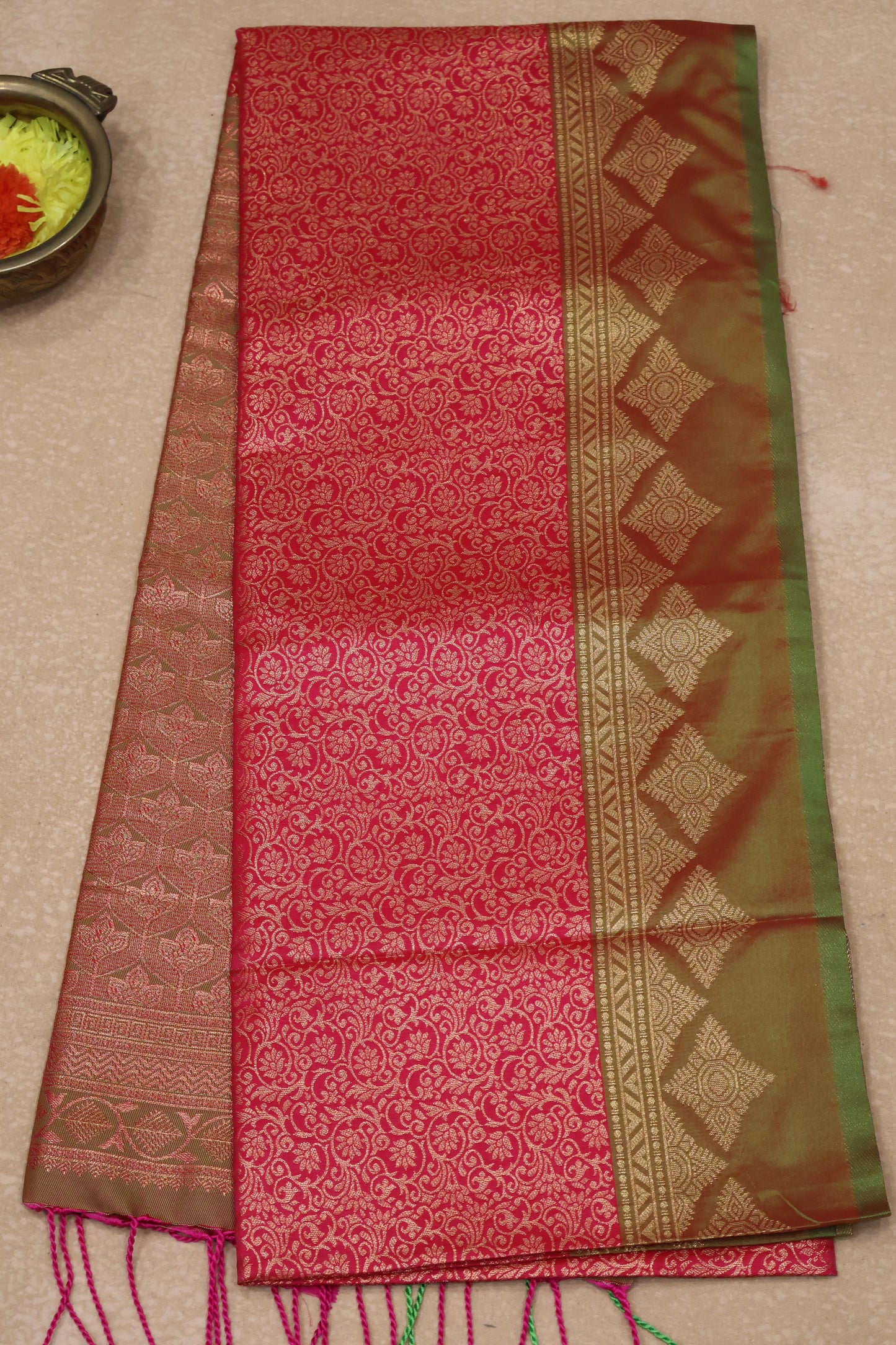 Semi Soft Silk Saree-Rani Pink Kolam Border