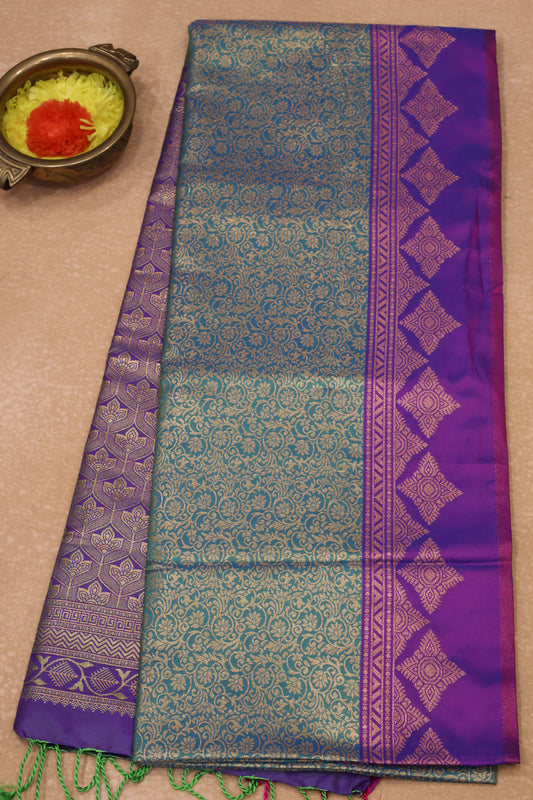 Semi Soft Silk Saree-Peacock Green Kolam Border
