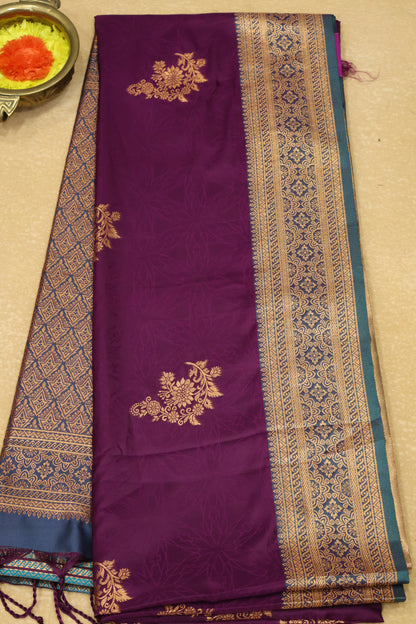 Semi Soft Silk Saree-Wine Floral Body