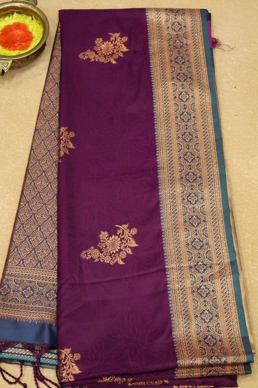 Semi Soft Silk Saree-Wine Floral Body
