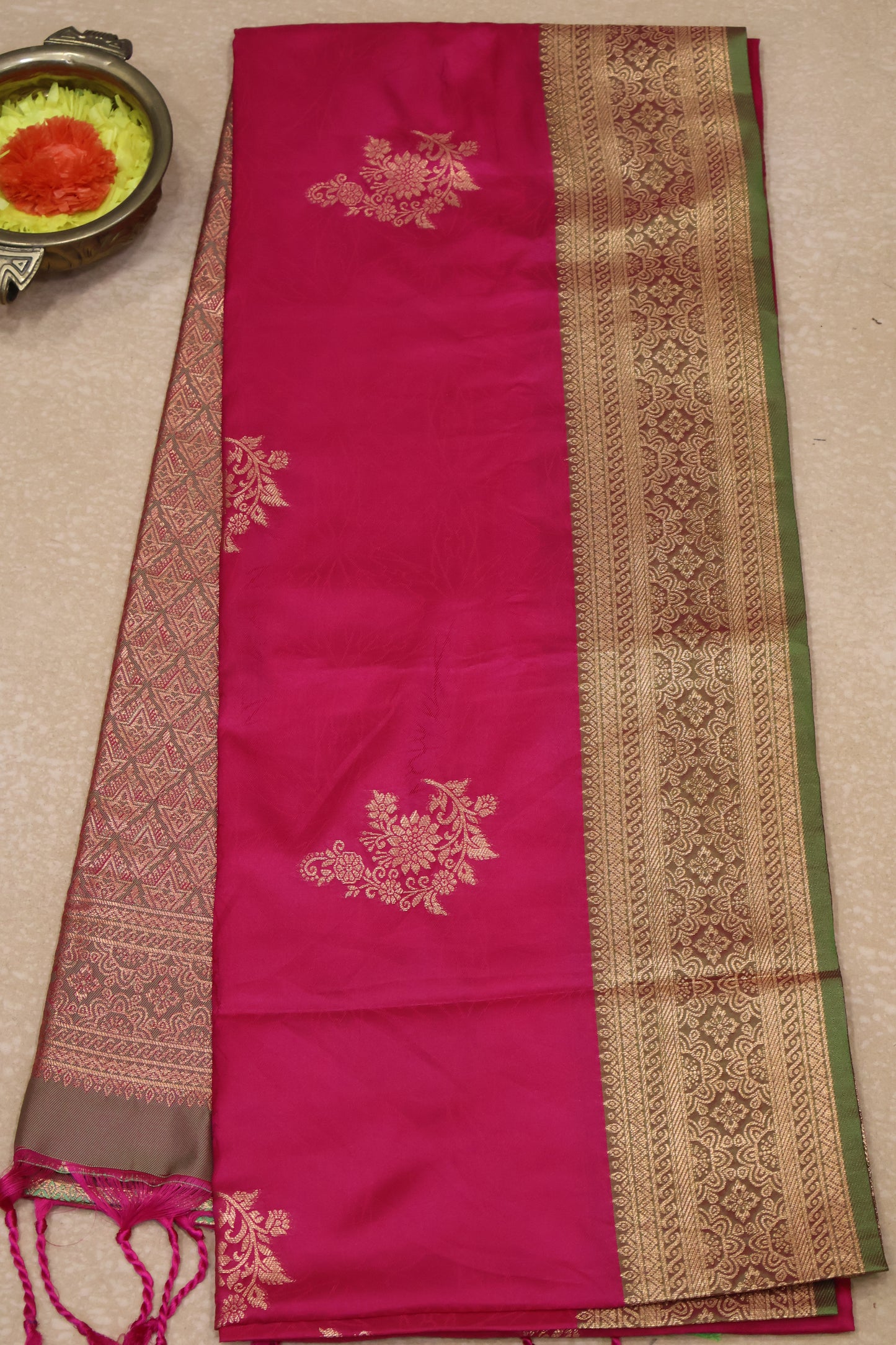 Semi Soft Silk Saree-Rani Pink Floral Body