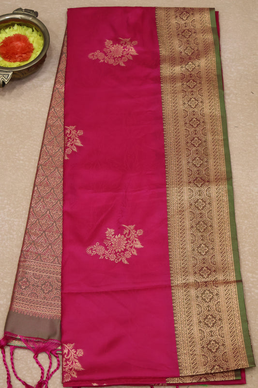 Semi Soft Silk Saree-Rani Pink Floral Body