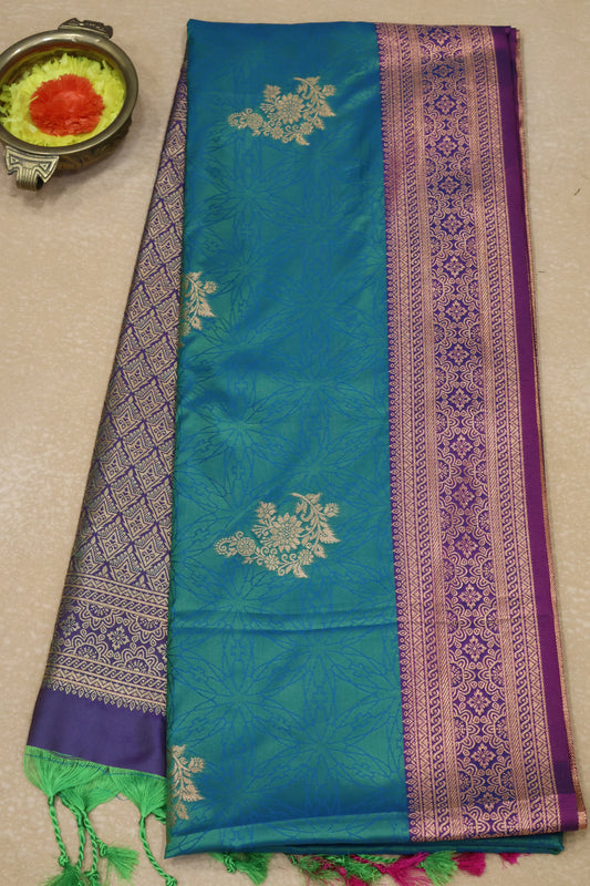 Semi Soft Silk Saree-Teal Green Floral Body